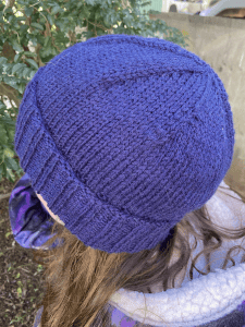 IMG_8948 close up of beanie, showing crown deceases and fit.
